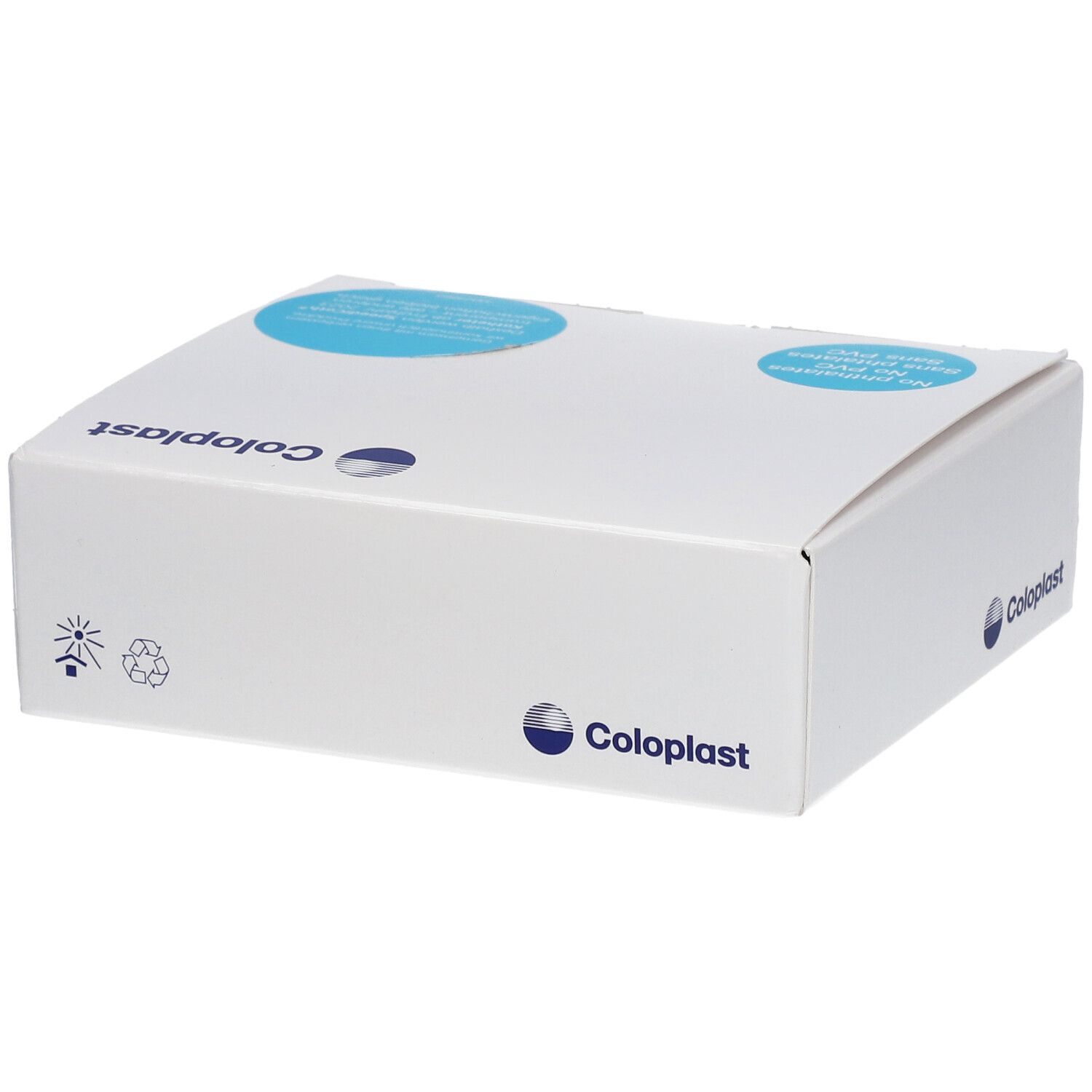 Boîte blanche avec cercles bleus. Logo Coloplast et symboles de recyclage visibles.