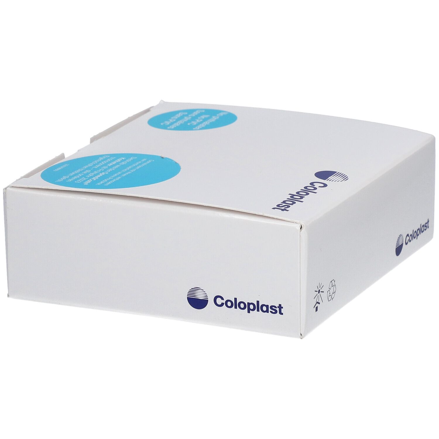 Boîte blanche avec cercles bleus. Logo Coloplast et symboles de recyclage visibles.