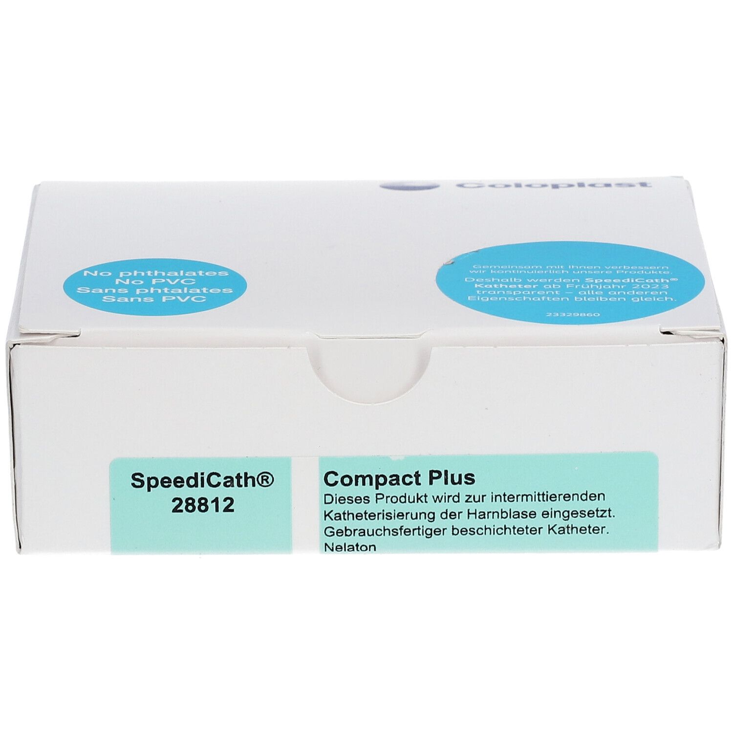 Boîte blanche avec cercles bleus et étiquette verte. SpeediCath® et informations sur le produit visibles.