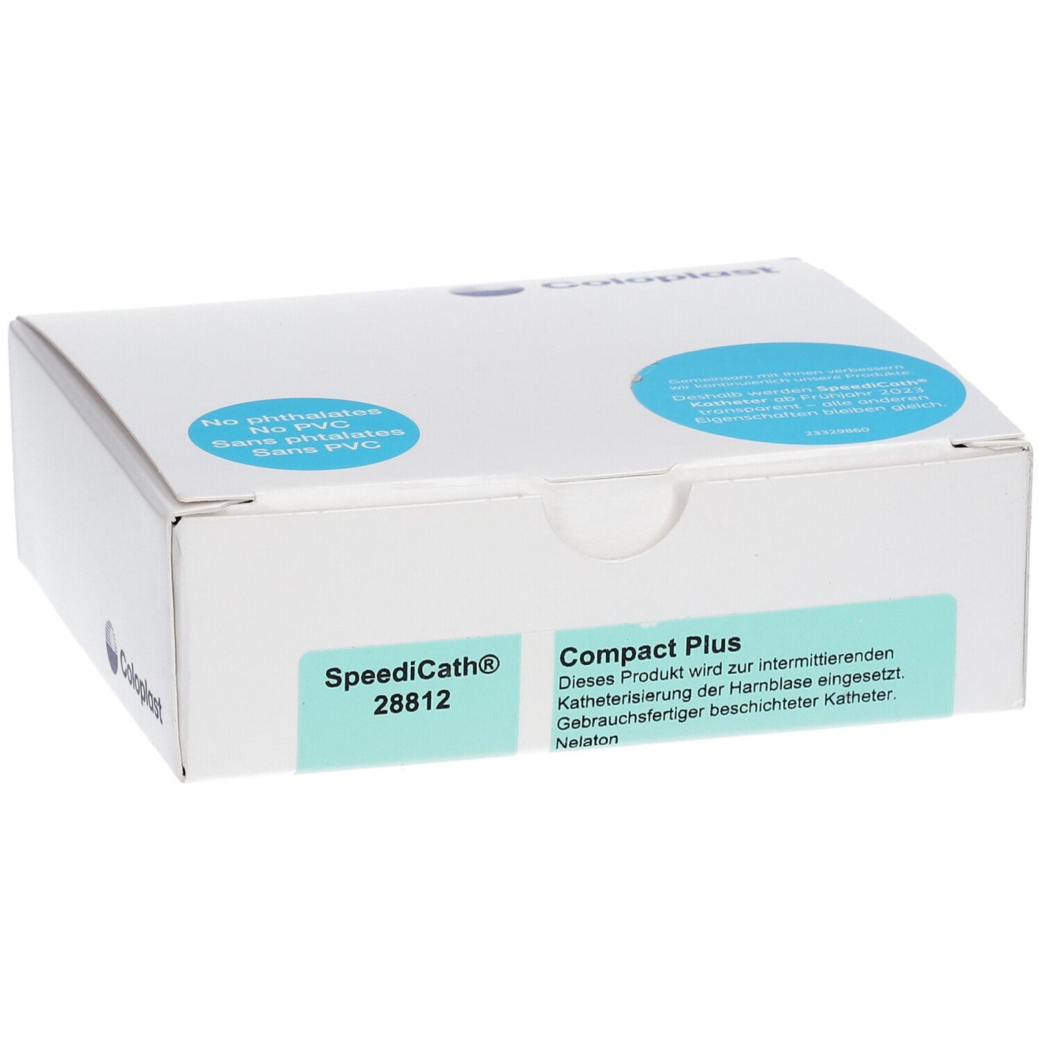 Boîte blanche avec cercles bleus et étiquette verte. SpeediCath® et informations sur le produit visibles.