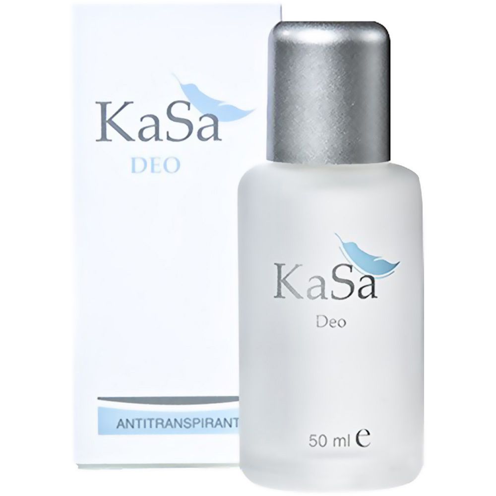 Flacon de déodorant avec bouchon argenté et emballage blanc. Inscription : KaSa Deo. Anti-transpirant.