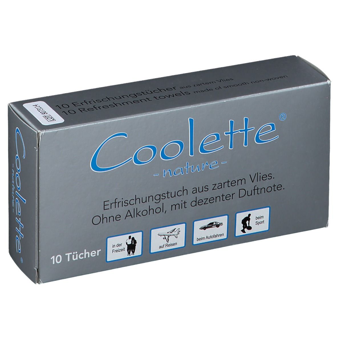 Boîte grise avec logo "Coolete nature". Contient 10 lingettes rafraîchissantes en non-tissé. Sans alcool, parfum léger. Icônes : loisirs, voyage, voiture, sport.