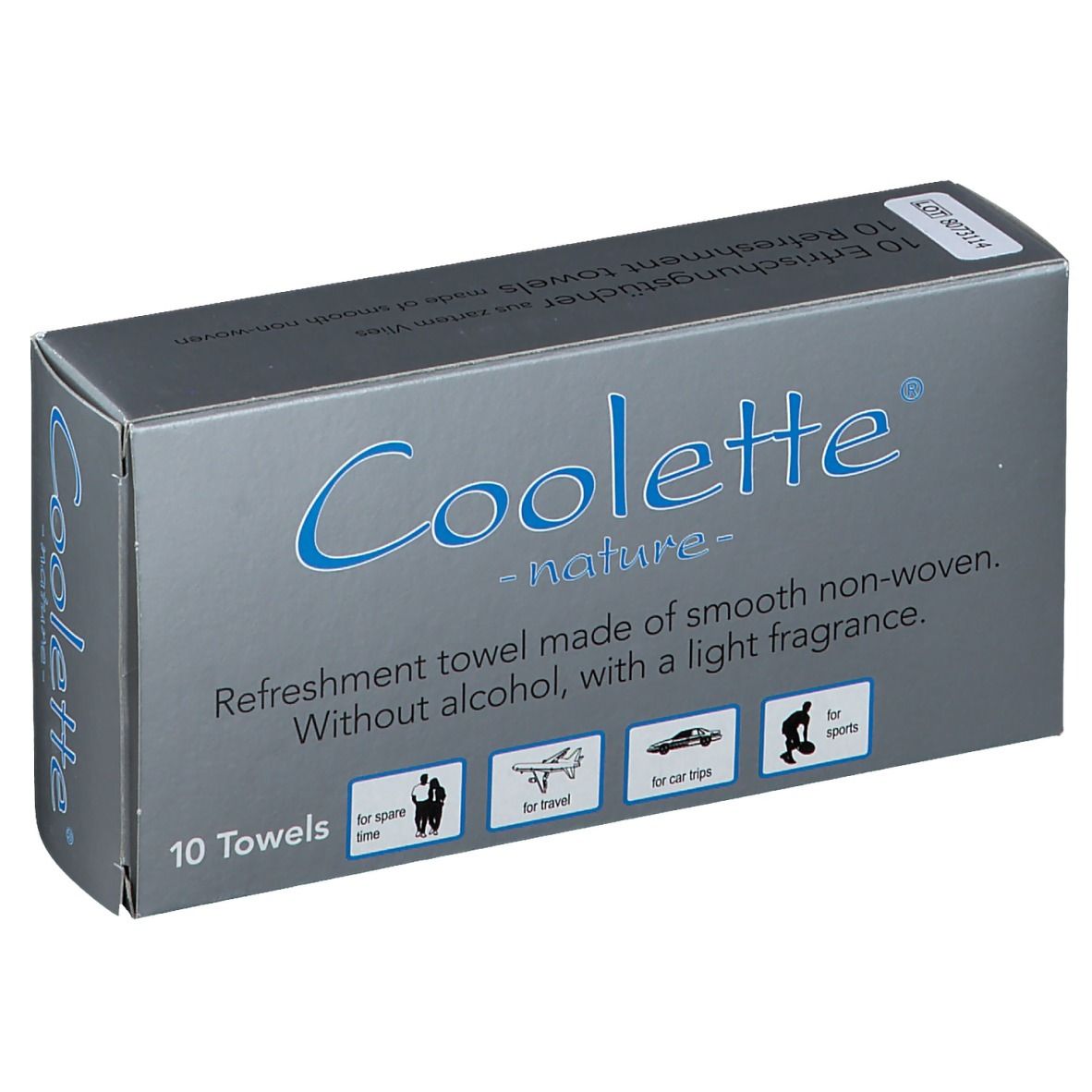 Boîte grise avec logo "Coolete nature". Contient 10 lingettes rafraîchissantes. Texte : Sans alcool, parfum léger. Icônes : loisirs, voyage, voiture, sport.