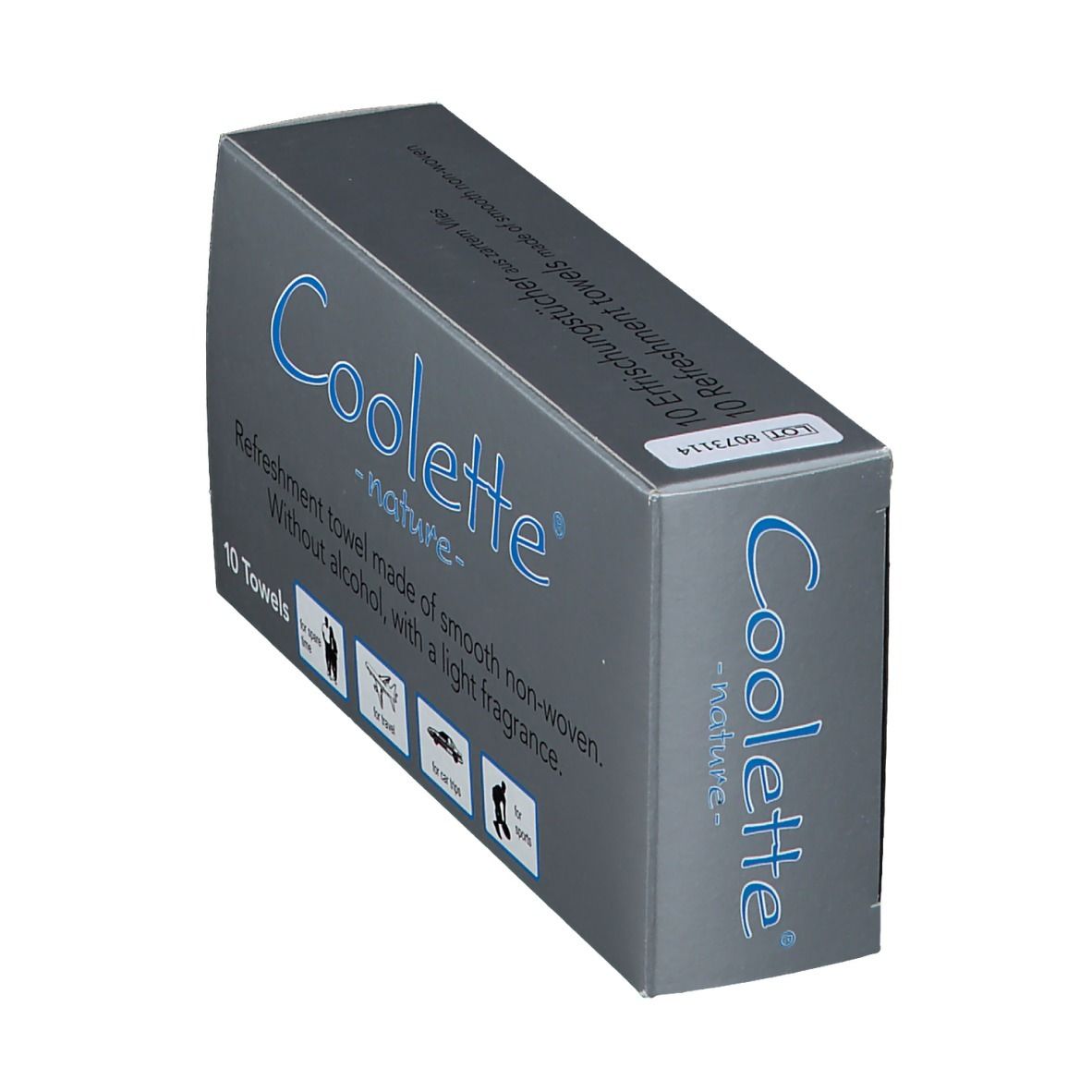 Boîte grise avec logo "Coolete nature". Contient 10 lingettes rafraîchissantes. Texte et icônes : loisirs, voyage, voiture, sport. Vue en angle.