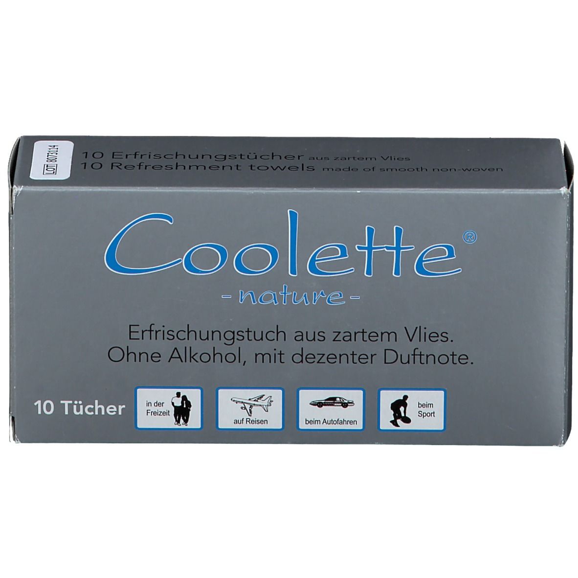 Boîte grise avec logo "Coolete nature". Contient 10 lingettes rafraîchissantes en non-tissé. Sans alcool, parfum léger. Icônes : loisirs, voyage, voiture, sport.