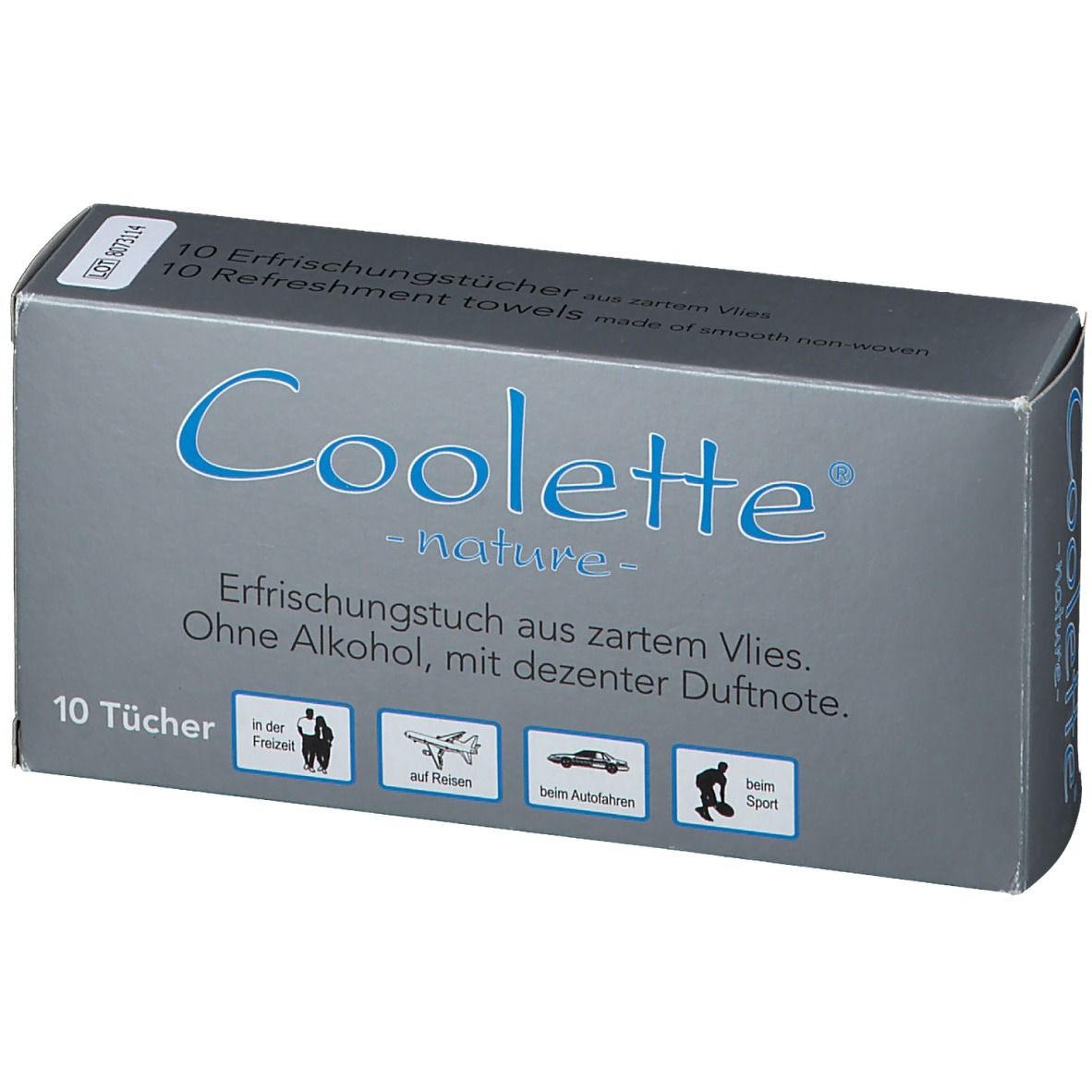Boîte grise avec logo "Coolete nature". Contient 10 lingettes rafraîchissantes en non-tissé. Sans alcool, parfum léger. Icônes : loisirs, voyage, voiture, sport.