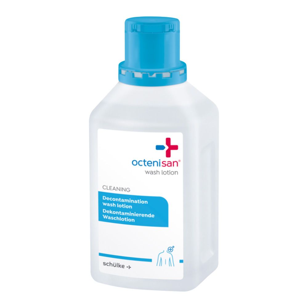 Flacon avec bouchon bleu. Inscription : octenisan® wash lotion. Étiquette avec texte en allemand.