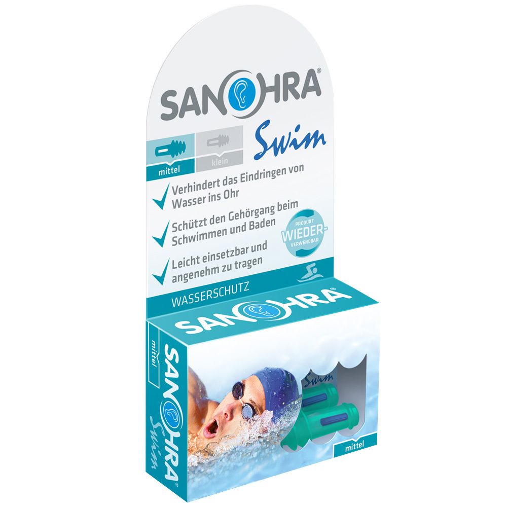 Emballage SANOHRA swim. Bouchons d'oreille verts dans une boîte. Texte : Protection contre l'eau, empêche l'entrée de l'eau.