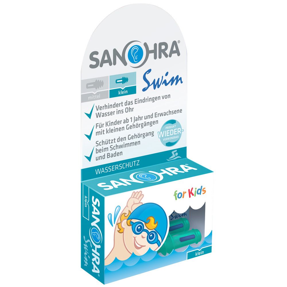 Emballage Sanohra Swim for Kids. Boîte turquoise et blanche avec bouchons d'oreille. Illustration : enfant dans l'eau, nom du produit.