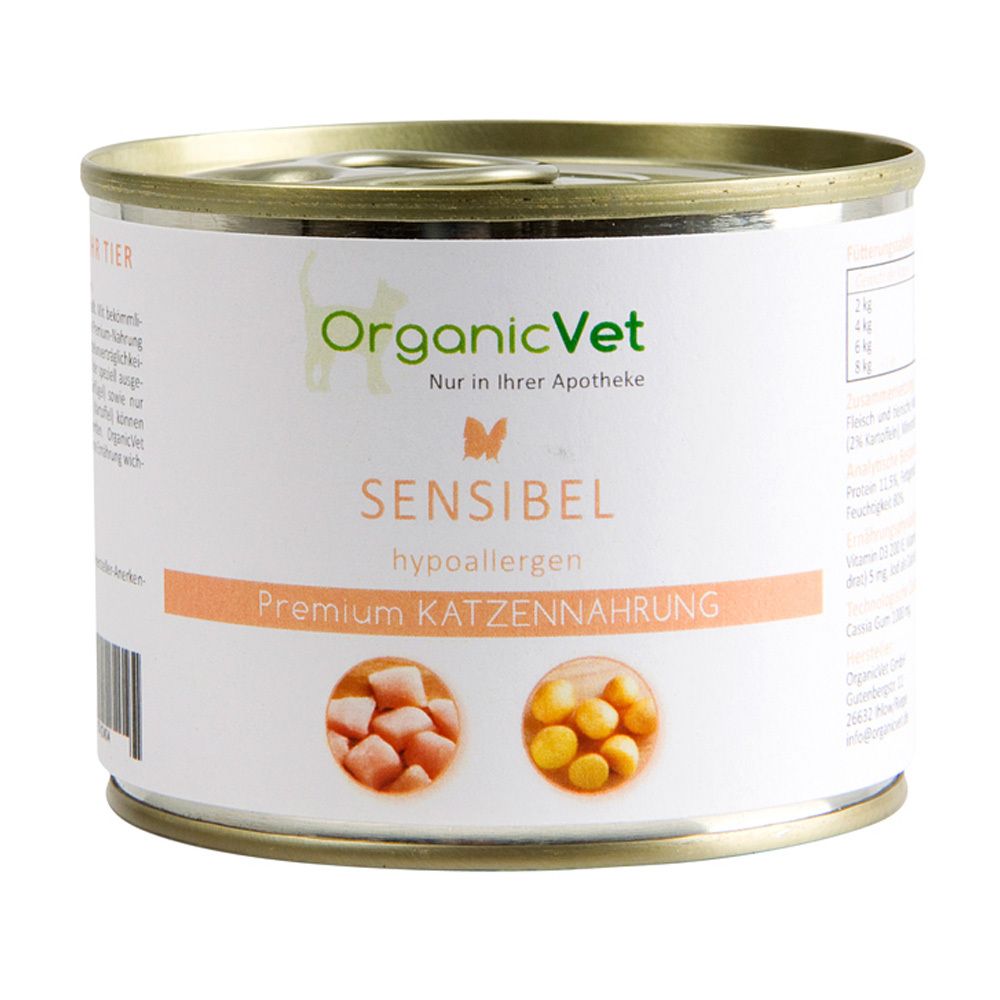 Boîte OrganicVet Sensibel hypoallergénique nourriture premium pour chats avec deux images de cubes de viande et de morceaux de pomme de terre.