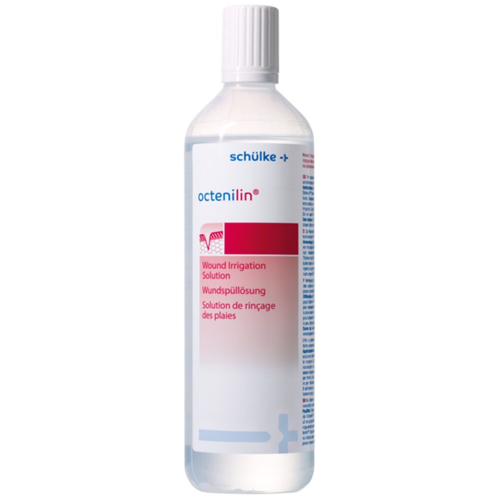 Flacon transparent avec bouchon blanc. Inscription: octenilin®, Solution de rinçage des plaies.