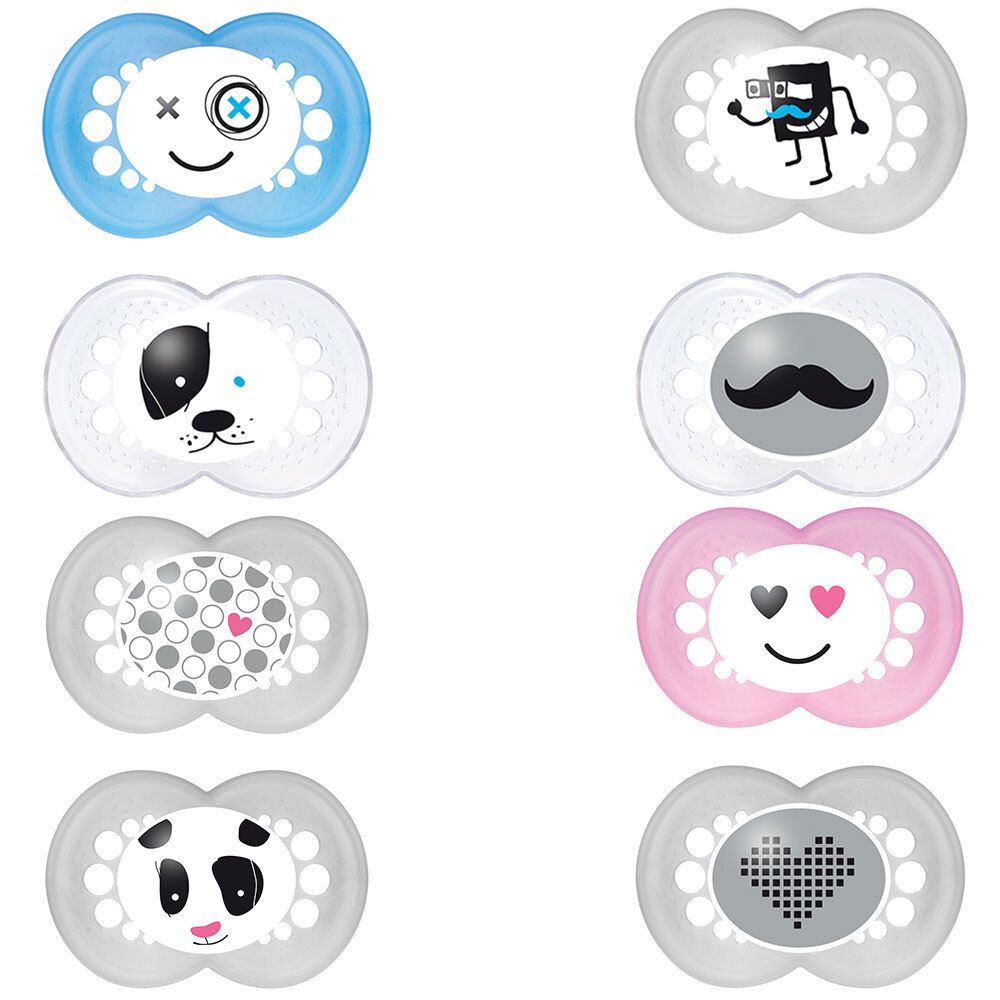Plusieurs sucettes avec différents motifs. Forme ronde, silicone. Couleurs : bleu, gris, rose. Motifs : smiley, appareil photo, chien, moustache, cœur.
