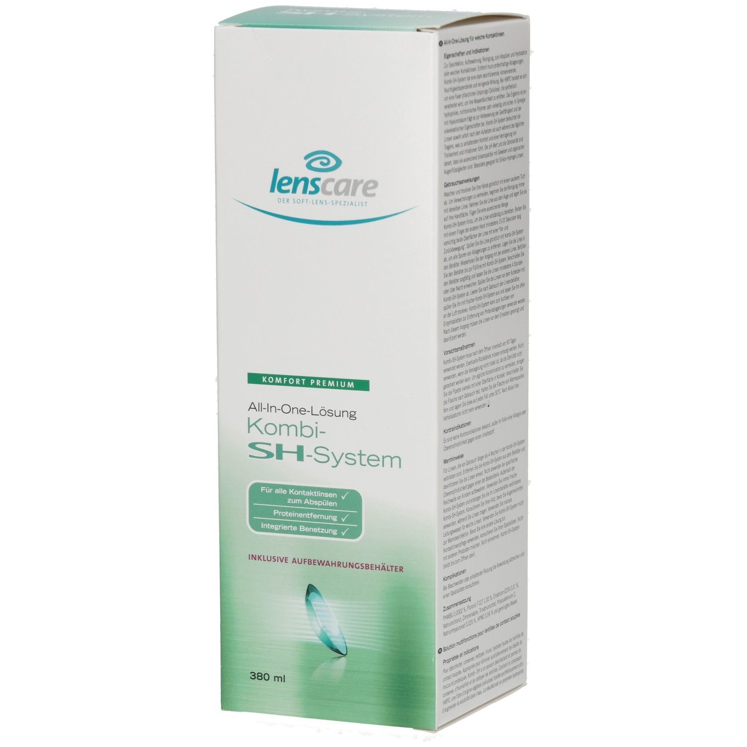 Flacon blanc avec logo Lenscare et nom du produit. Solution tout-en-un pour lentilles de contact. Contient 360 ml.