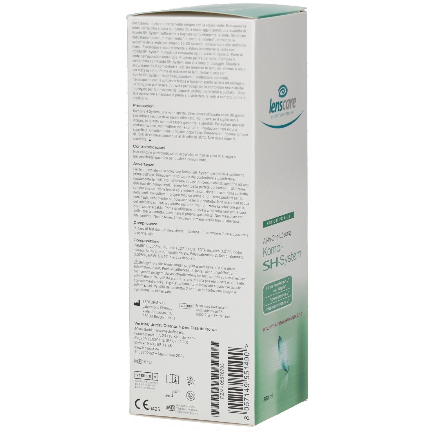 Emballage du produit en carton. Contient des informations et du texte en allemand. Lenscare Kombi-SH-System.