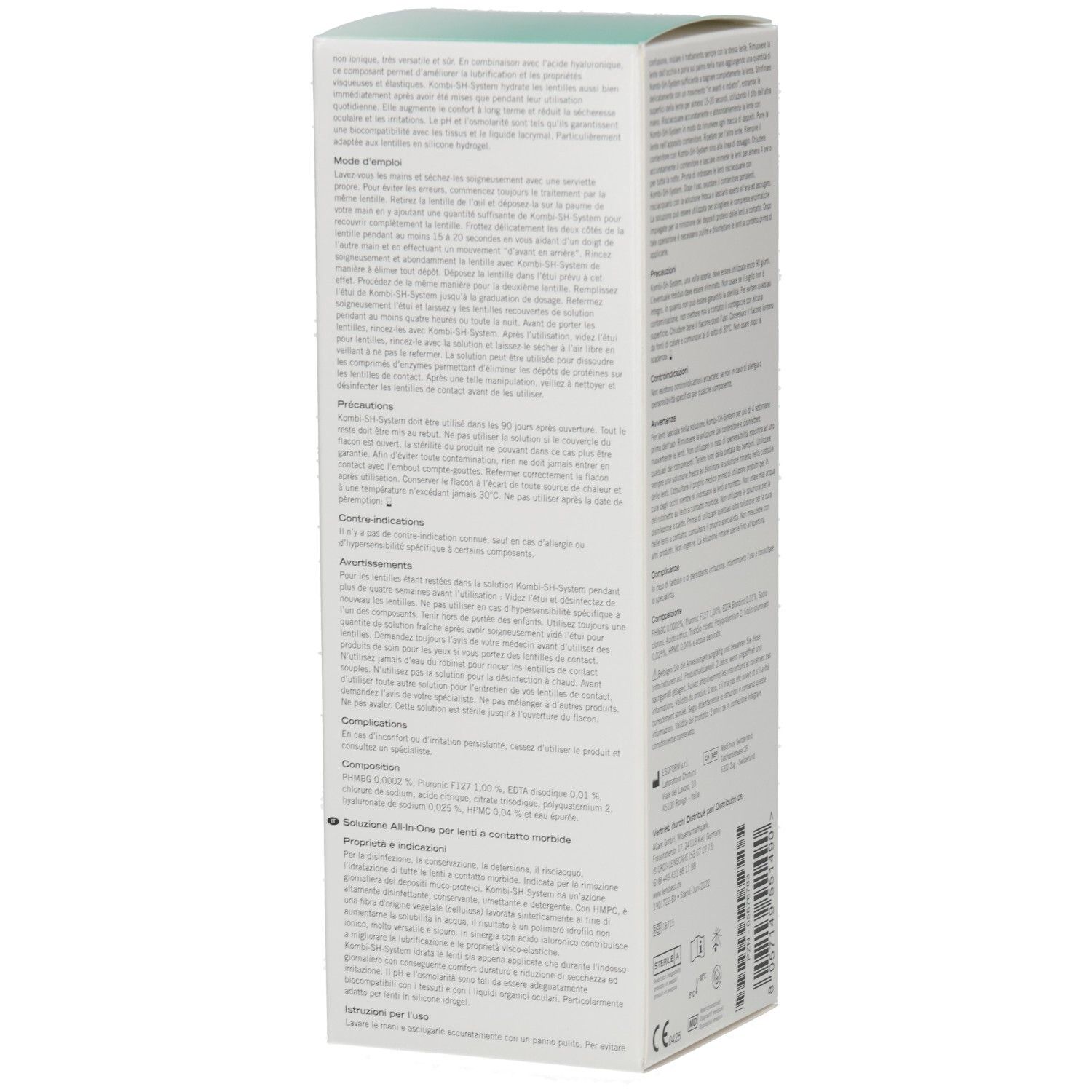 Flacon blanc avec informations sur le produit. Lenscare Kombi-SH-System. Texte en allemand. 360 ml.
