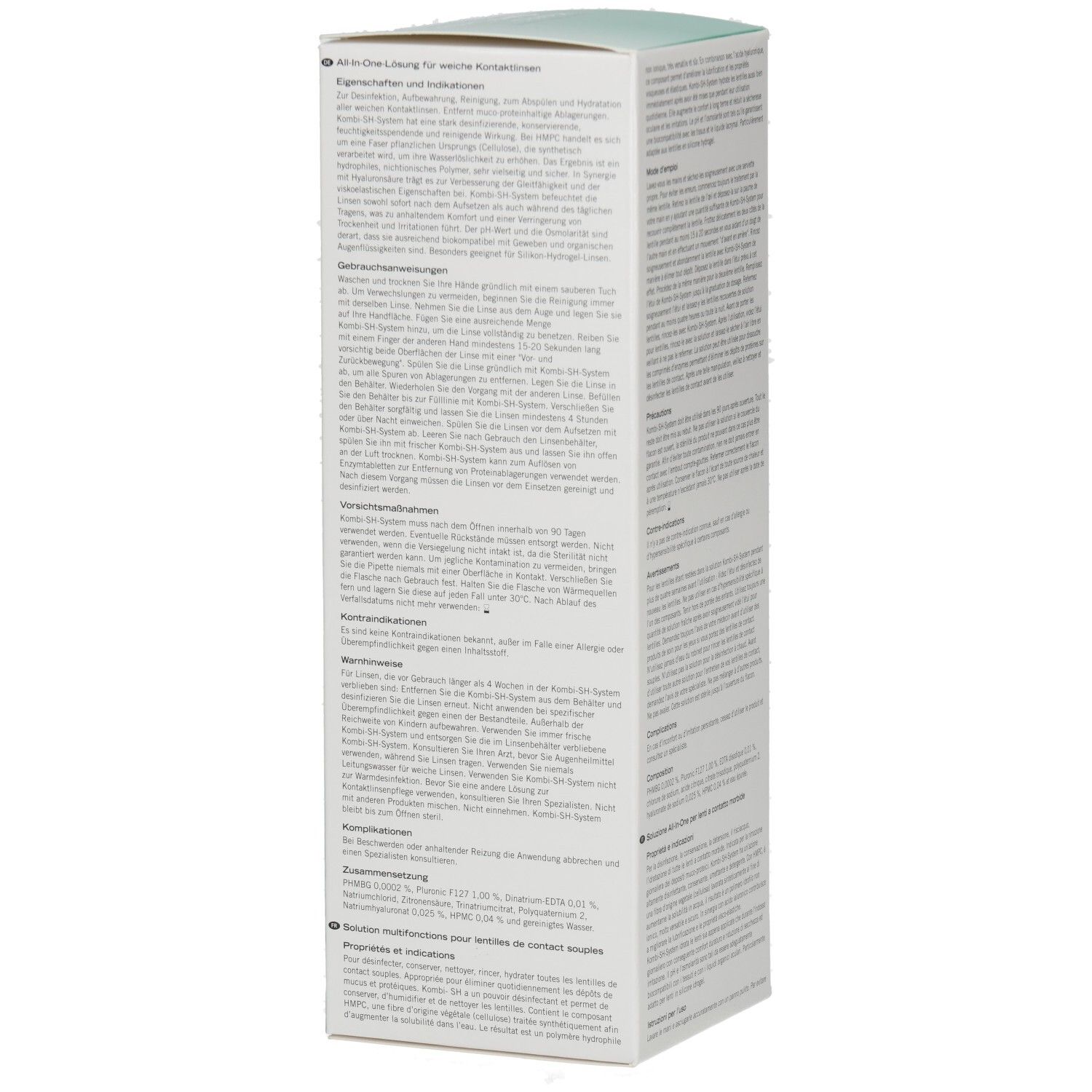 Emballage du produit en carton. Texte en allemand. Lenscare Kombi-SH-System. Informations d'utilisation.