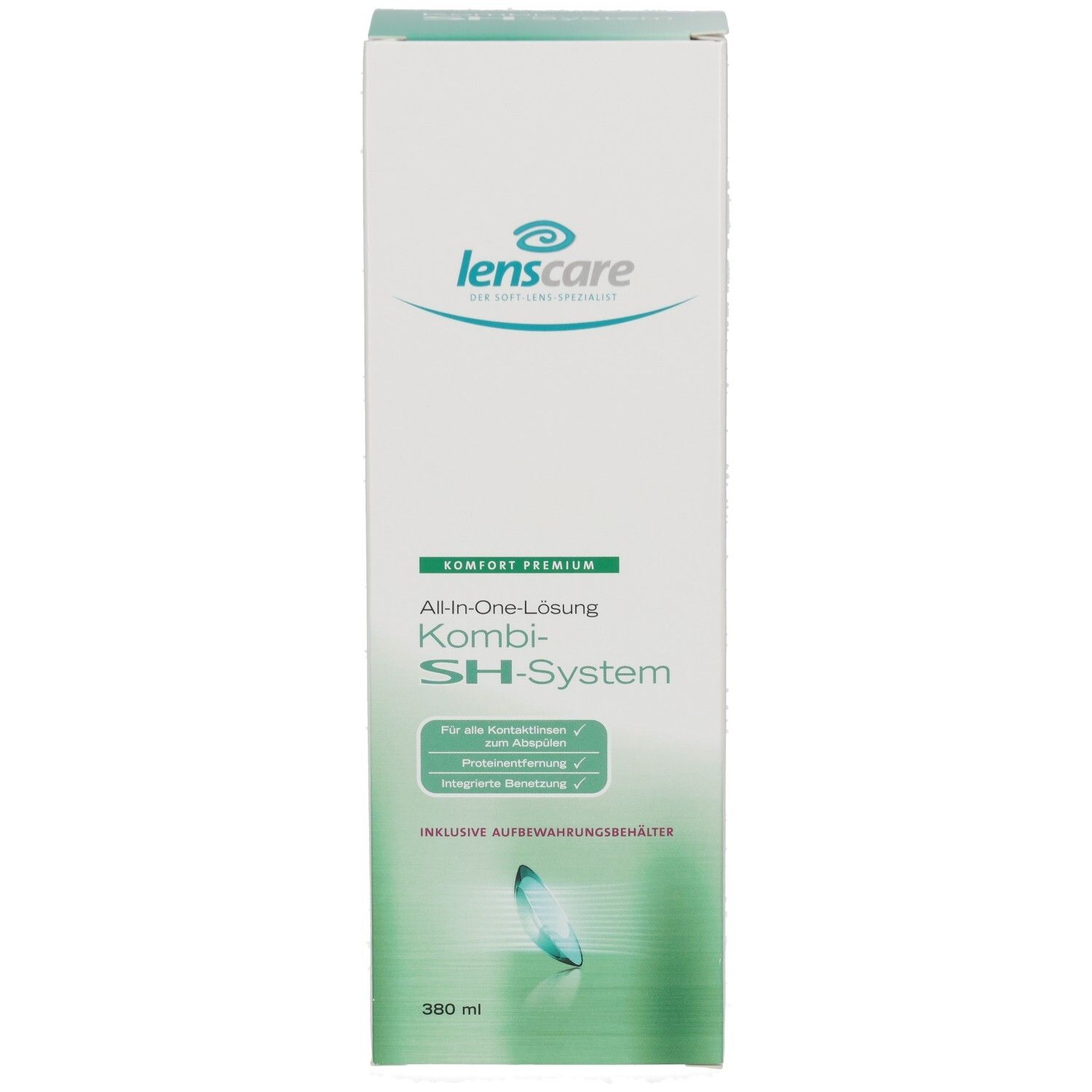 Emballage en carton avec logo Lenscare et nom du produit. Kombi-SH-System. Contient 360 ml. Avec étui de rangement.