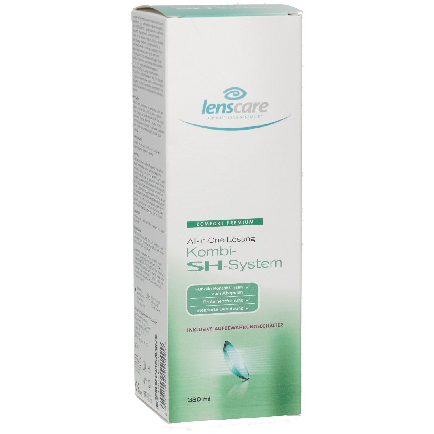 Emballage en carton avec logo Lenscare et nom du produit. Kombi-SH-System. Contient 360 ml. Avec étui de rangement.