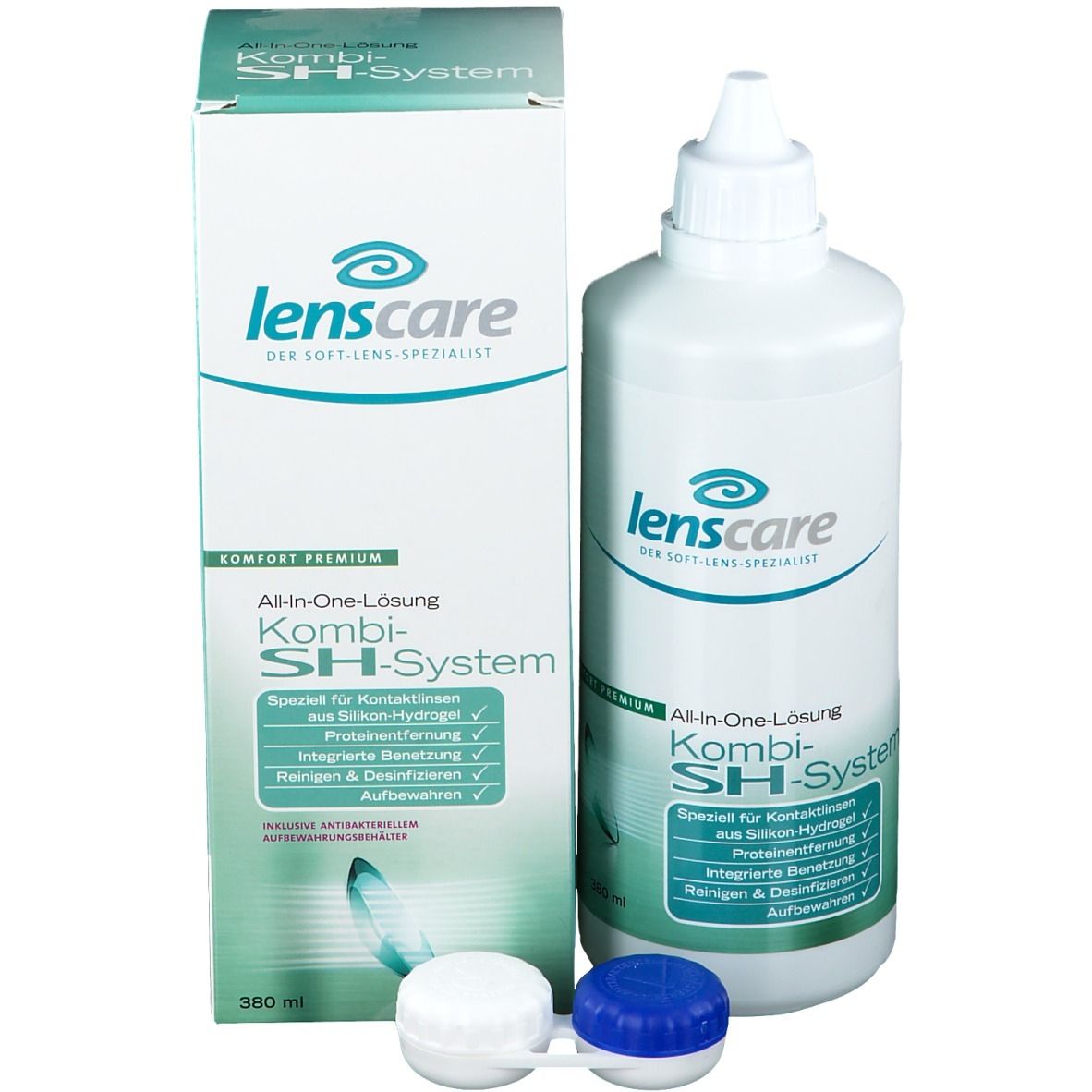Flacon et emballage de Lenscare Kombi-SH-System. Contient un étui pour lentilles de contact. 360 ml.