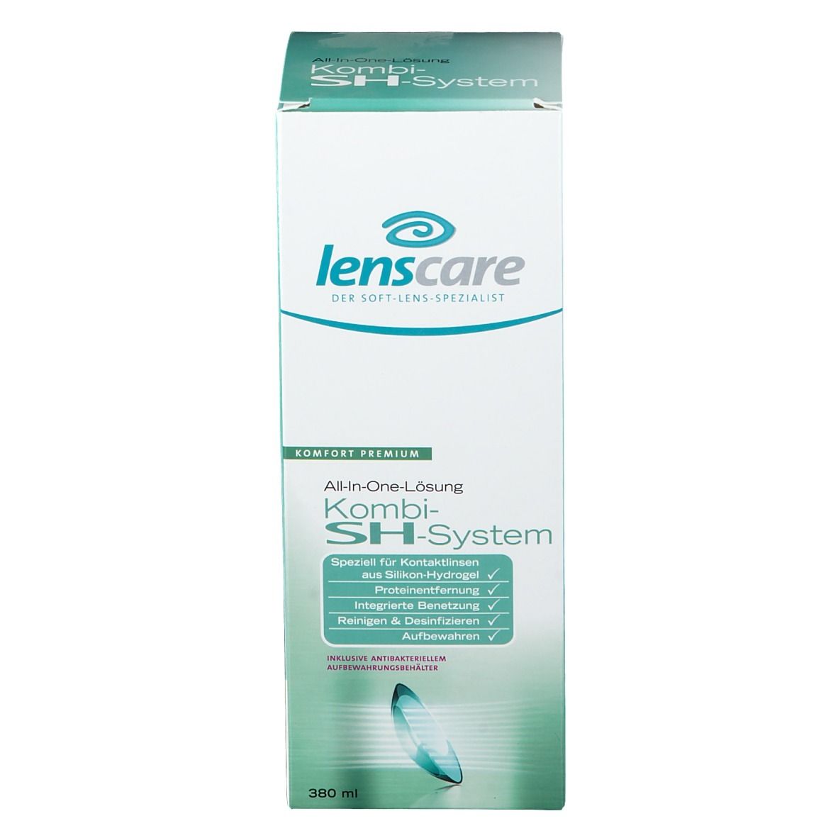 Emballage en carton avec logo Lenscare et nom du produit. Kombi-SH-System. Contient 360 ml. Avec étui de rangement.