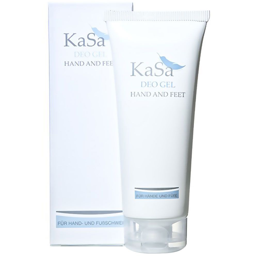Tube blanc KaSa Deo Gel pour mains et pieds. Inscription et logo bleus. Avec emballage en carton.