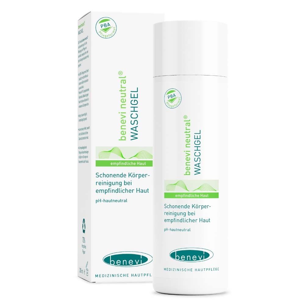 BENEVI NEUTRAL® gel lavant et emballage. Flacon de gel blanc avec étiquette verte. Inscription : peau sensible.
