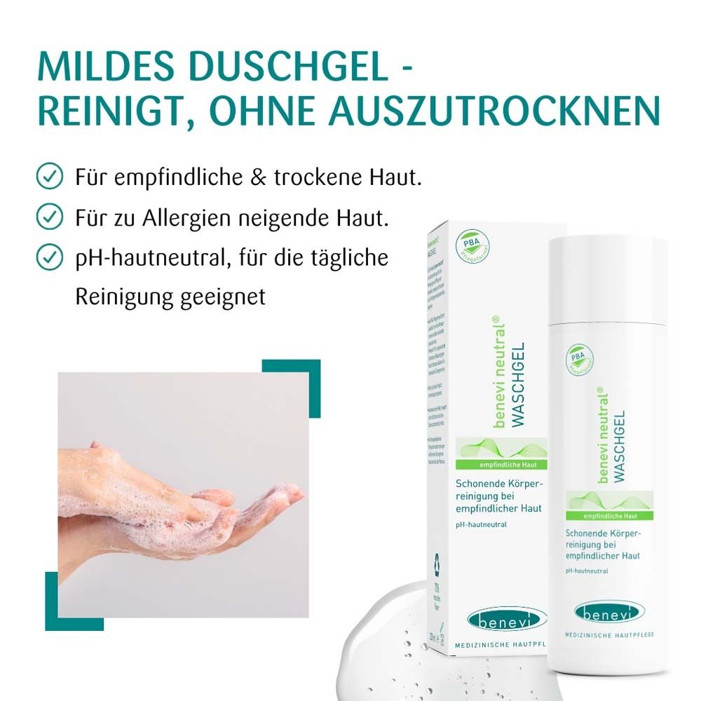 Texte avec coches vertes. Gel douche doux, nettoie sans dessécher. Pour peaux sensibles, allergiques, pH neutre.