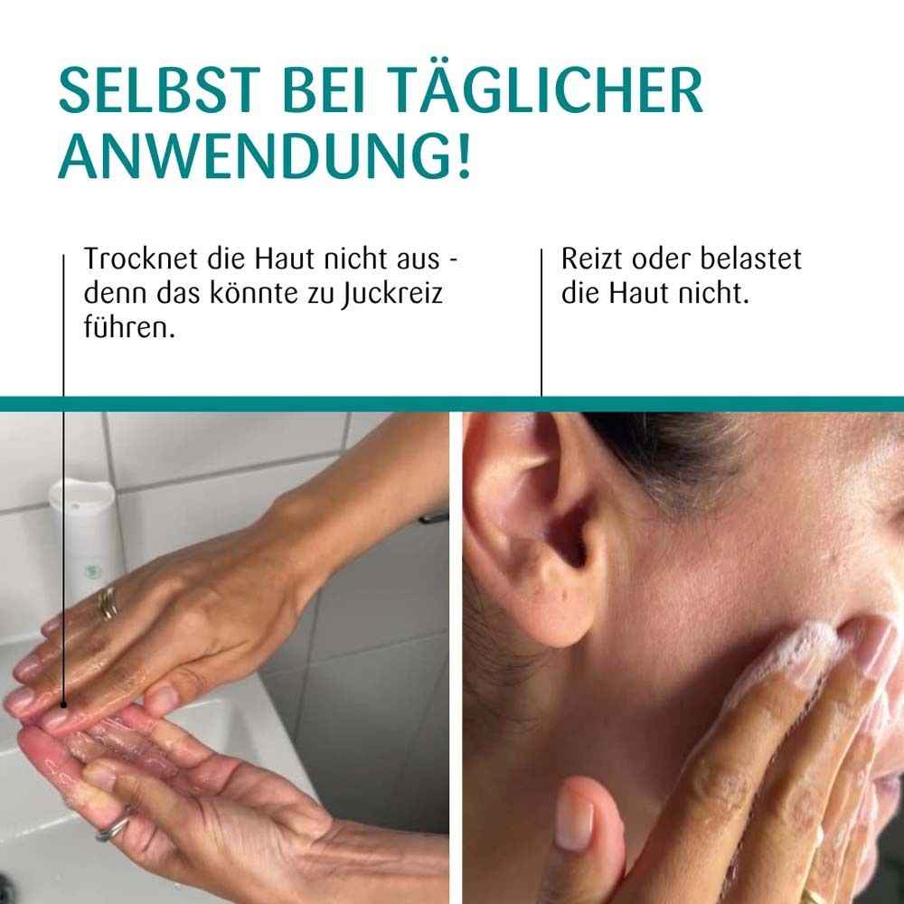 Se laver les mains. Femme se lave le visage. Texte : Même en utilisation quotidienne. Ne dessèche pas, n'irrite pas.