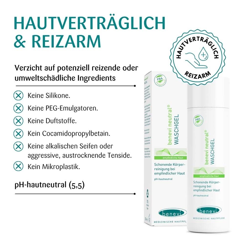 BENEVI NEUTRAL® gel lavant et emballage. Texte : Tolérance cutanée & peu irritant. Sans silicones, parfums, microplastiques.