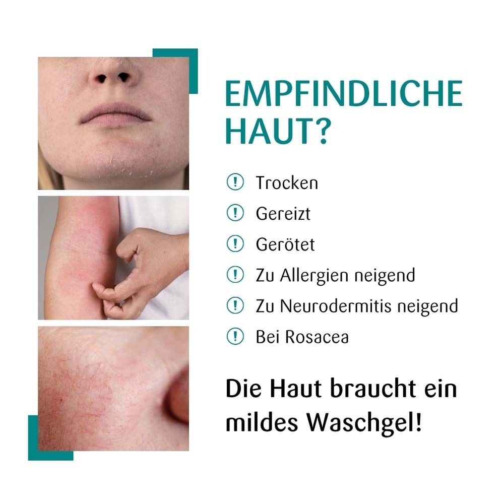 Photos de problèmes de peau. Texte : Peau sensible ? Sèche, irritée, rouge, allergies, eczéma, rosacée.