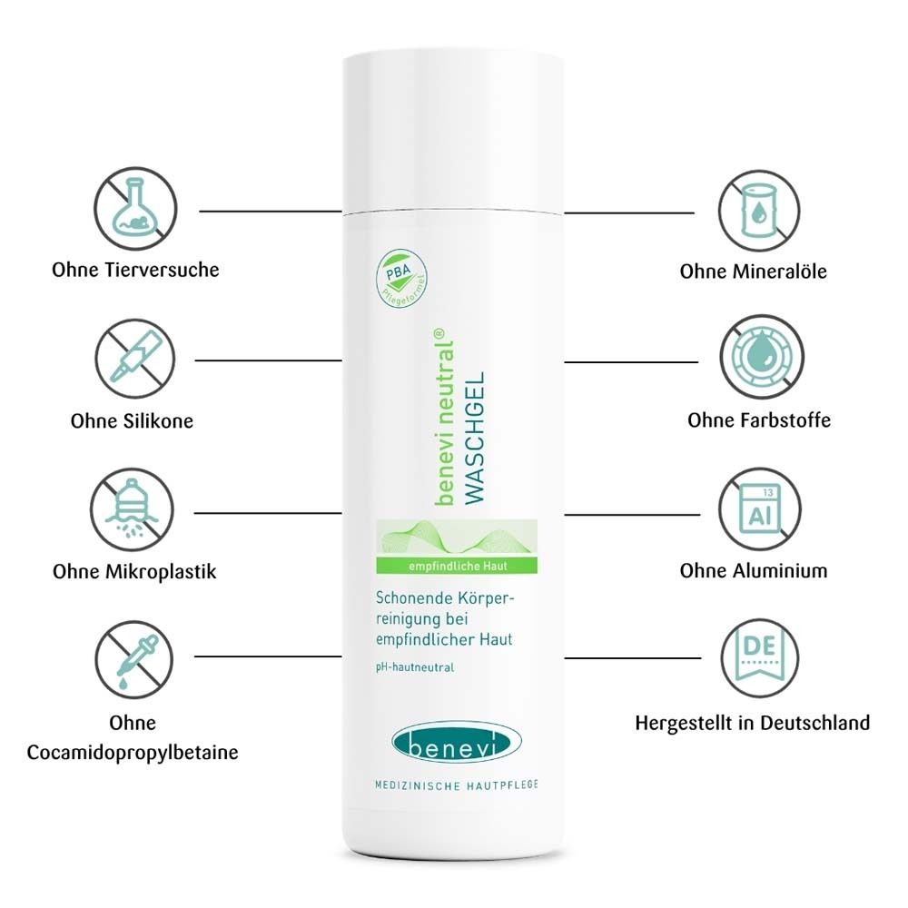 BENEVI NEUTRAL® gel lavant. Sans tests sur les animaux, silicones, microplastiques, huiles minérales, colorants, aluminium.