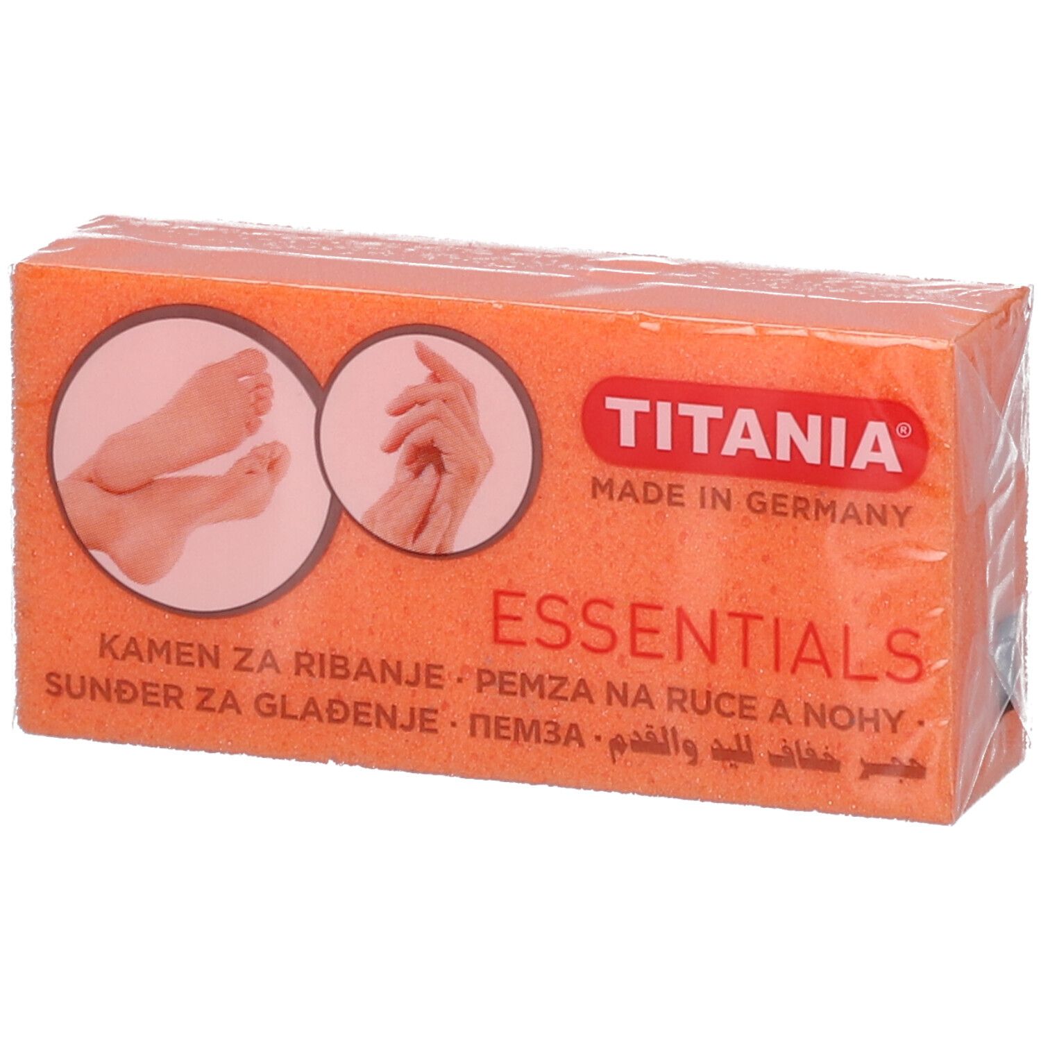 Éponge ponce TITANIA® emballée. Éponge orange avec logo et texte. Images de pieds et de mains.