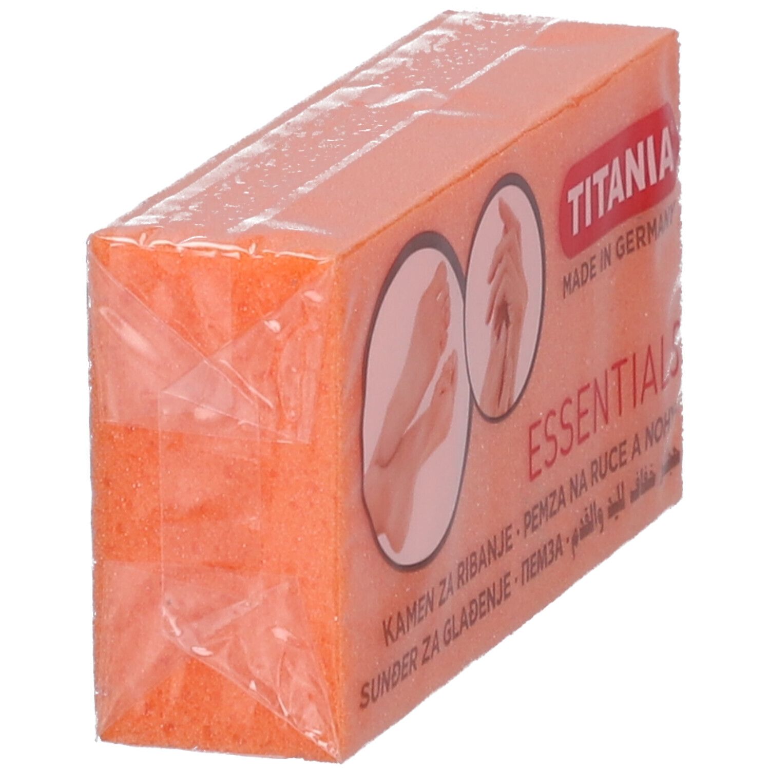 Éponge ponce TITANIA® emballée, vue oblique. Éponge orange. Logo et texte du produit visibles.