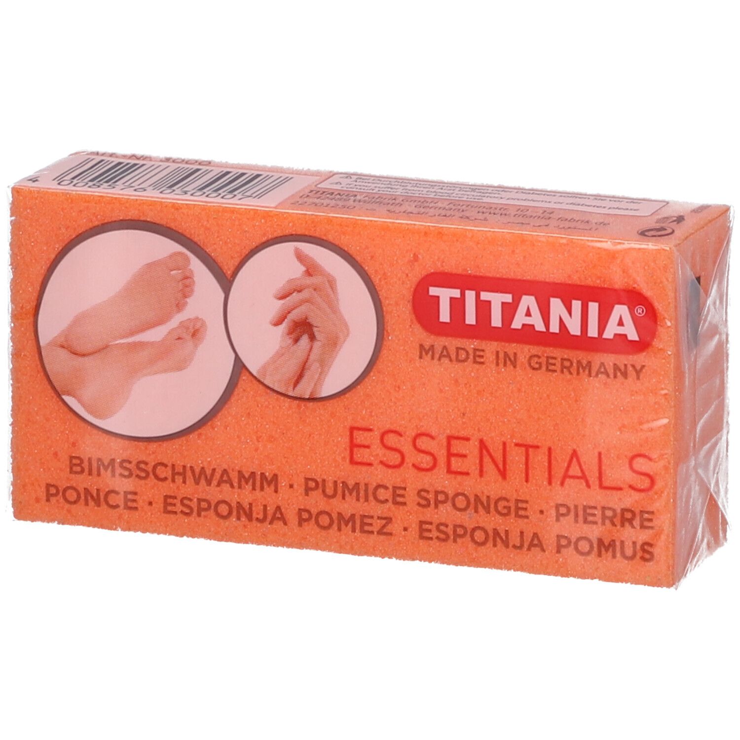 Éponge ponce TITANIA® emballée. Éponge orange avec logo et texte. Images de pieds et de mains.