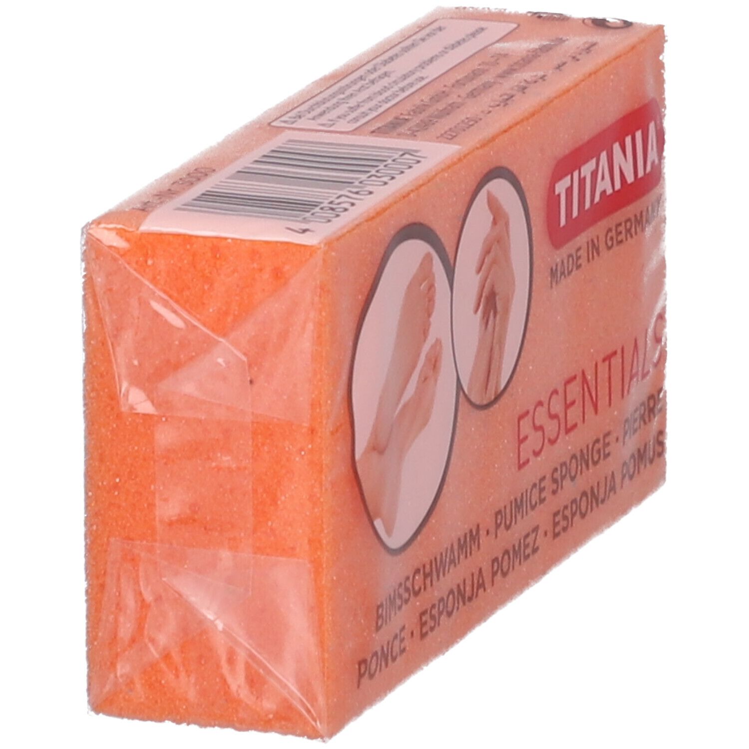 Éponge ponce TITANIA® emballée, vue oblique. Éponge orange. Logo et texte du produit visibles.