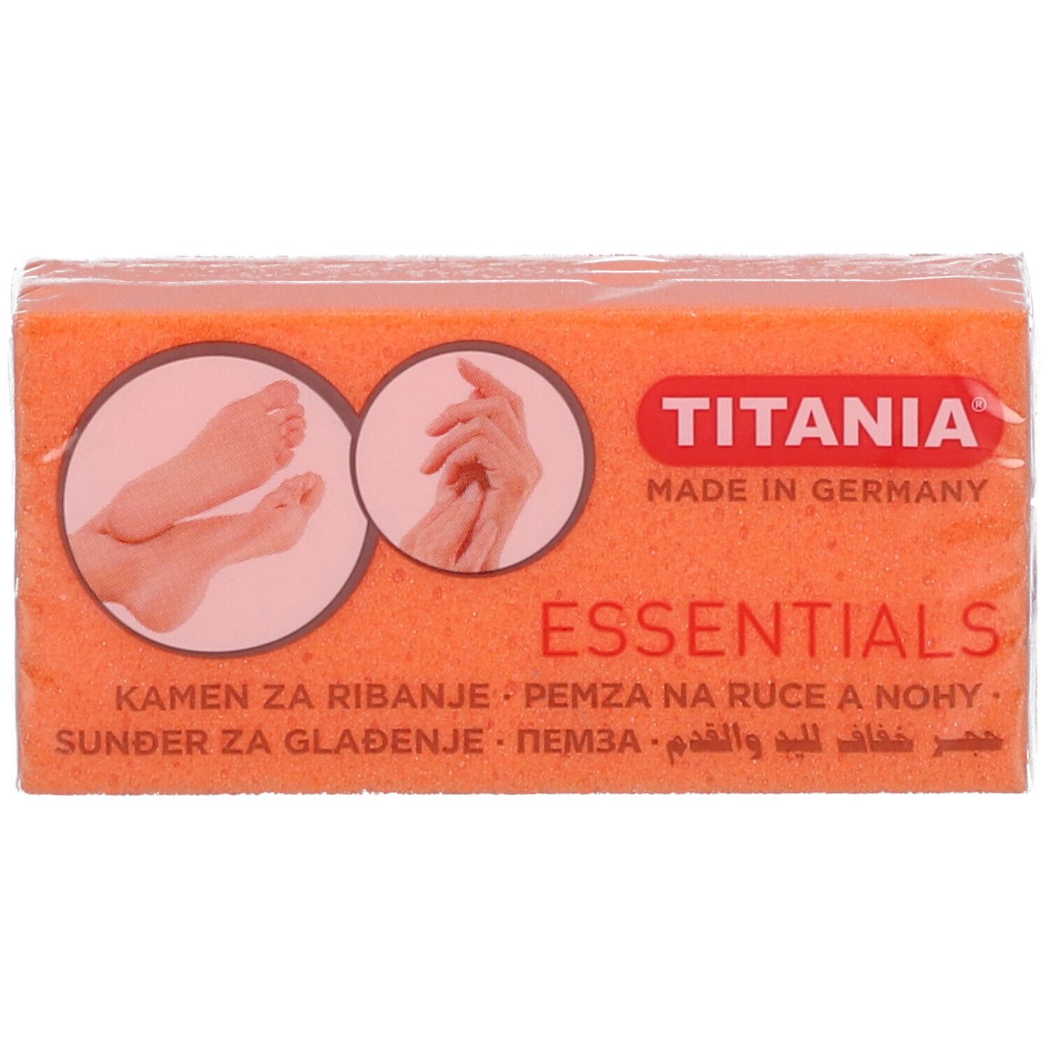 Éponge ponce TITANIA® emballée. Éponge orange avec logo et texte. Images de pieds et de mains.