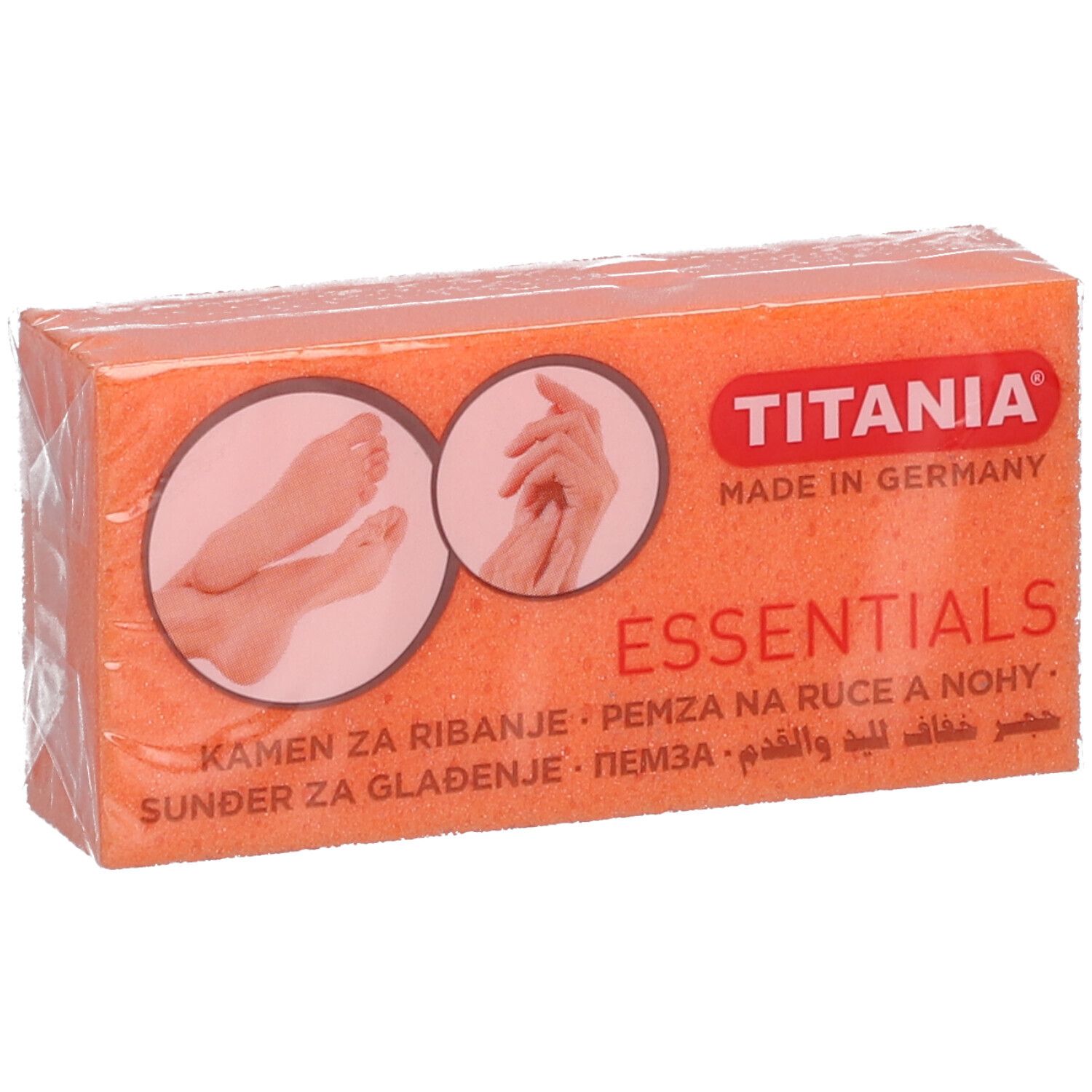 Éponge ponce TITANIA® emballée. Éponge orange avec logo et texte. Images de pieds et de mains.