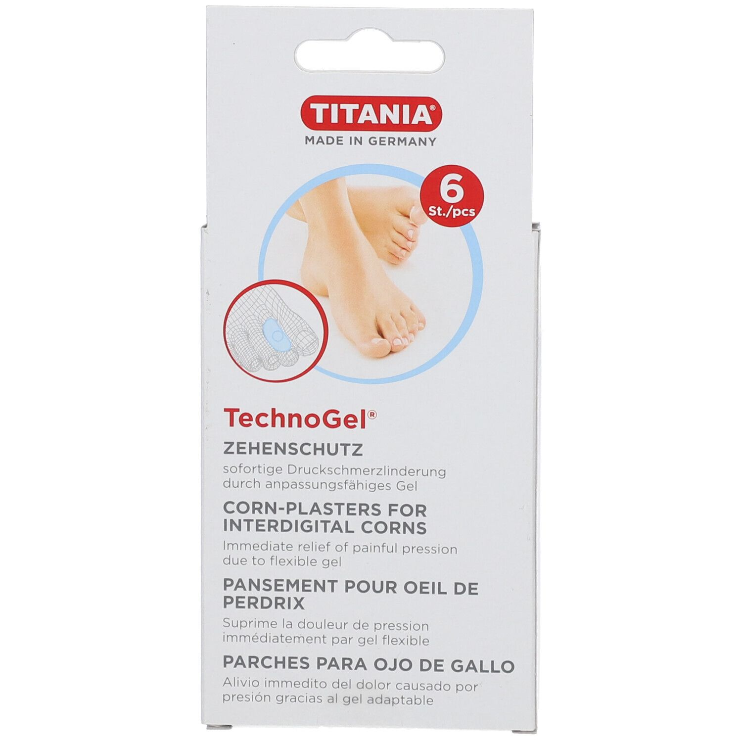 Emballage de 6 pansements TITANIA TechnoGel pour orteils contre les cors, avec illustration de pieds et d'orteils.