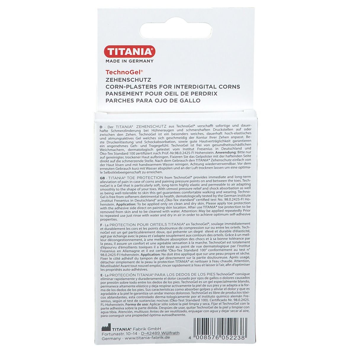Arrière de l'emballage TITANIA TechnoGel pour protection des orteils avec informations détaillées sur le produit et instructions.