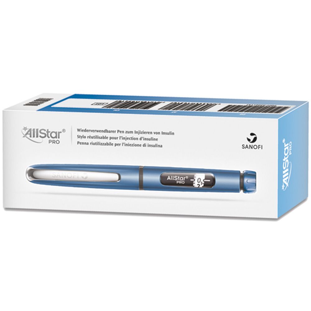 Stylo à insuline réutilisable bleu avec écran numérique, dans son emballage.