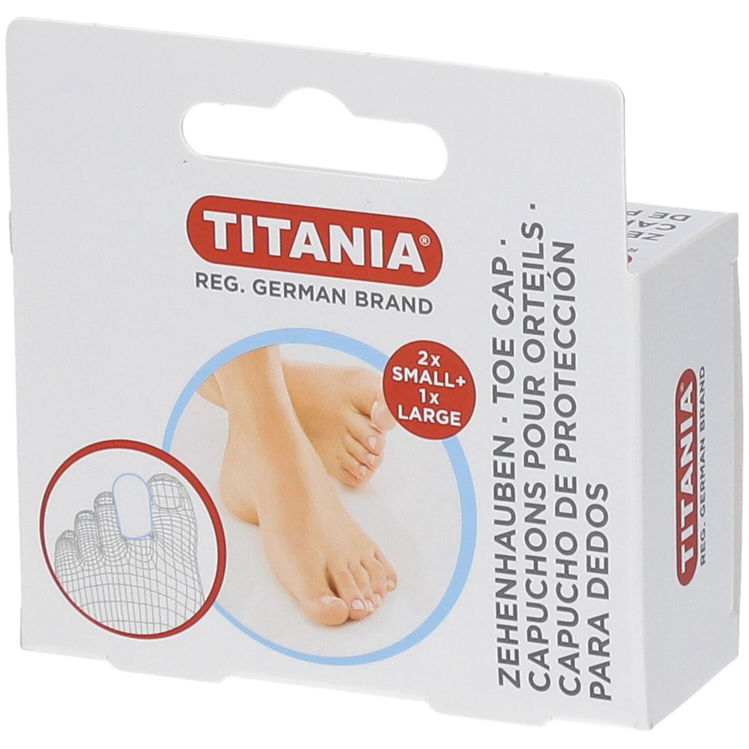 Boîte de Zehenhauben TITANIA. Contient 2x petites et 1x grande. Illustration de pieds et d'orteils. Design en carton blanc.