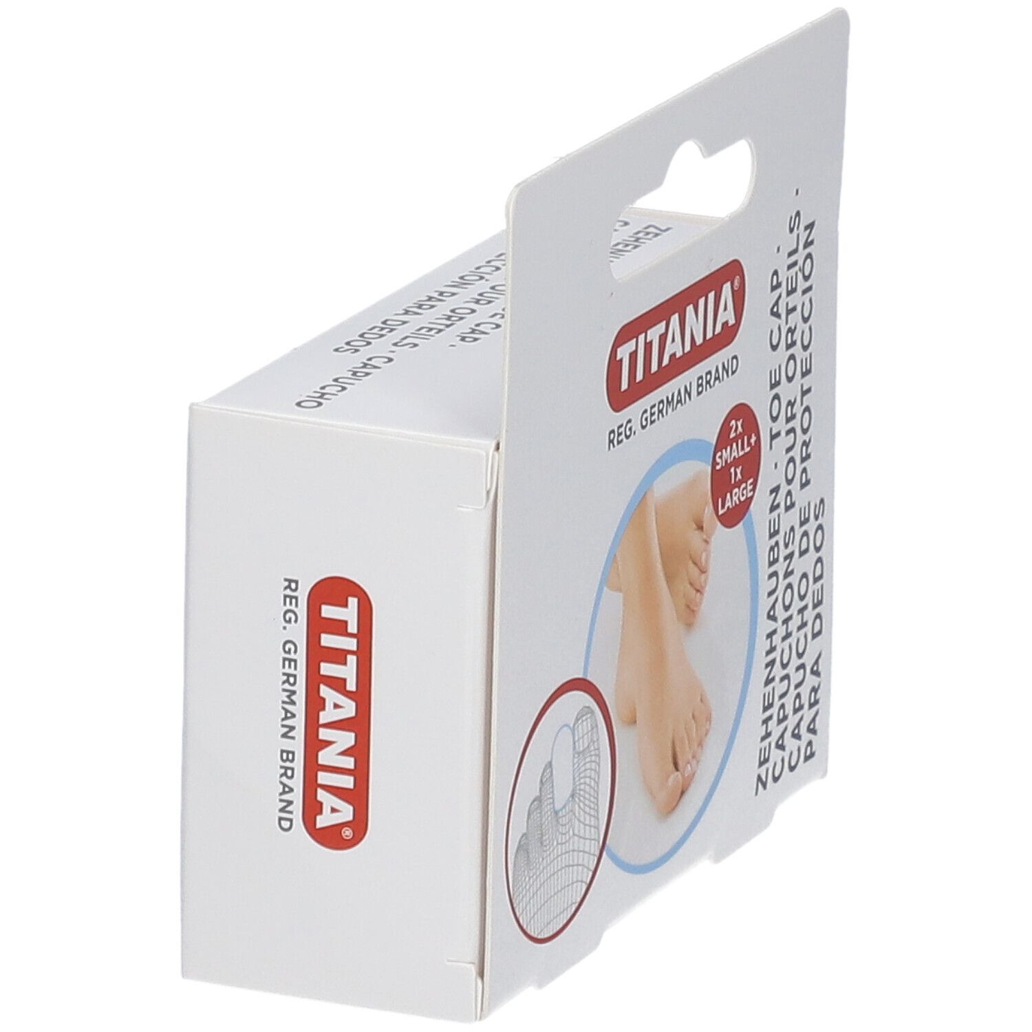 Emballage de Zehenhauben TITANIA, design en carton blanc. Contient 2x petites et 1x grande. Nom et logo du produit visibles.