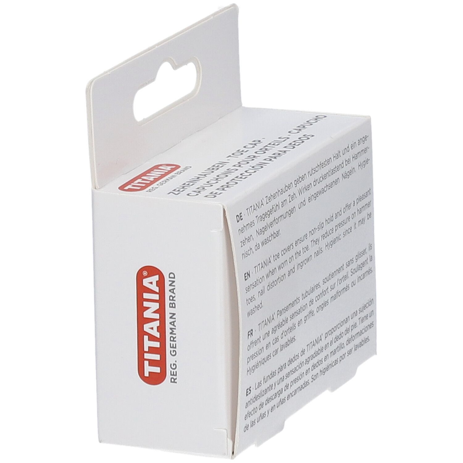 Vue latérale de l'emballage des Zehenhauben TITANIA. Nom et logo du produit clairement visibles. Design en carton blanc.