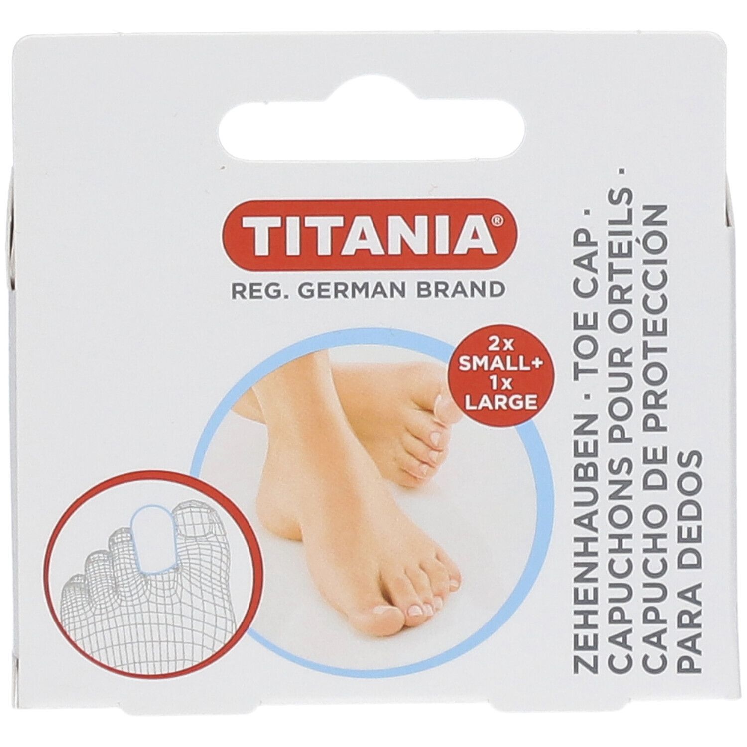 Emballage de Zehenhauben TITANIA. Contient 2x petites et 1x grande. Illustration de pieds et d'orteils. Design en carton blanc.