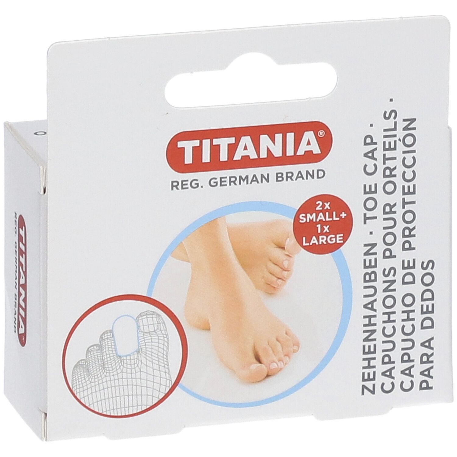 Emballage de Zehenhauben TITANIA. Contient 2x petites et 1x grande. Illustration de pieds et d'orteils. Design en carton blanc.