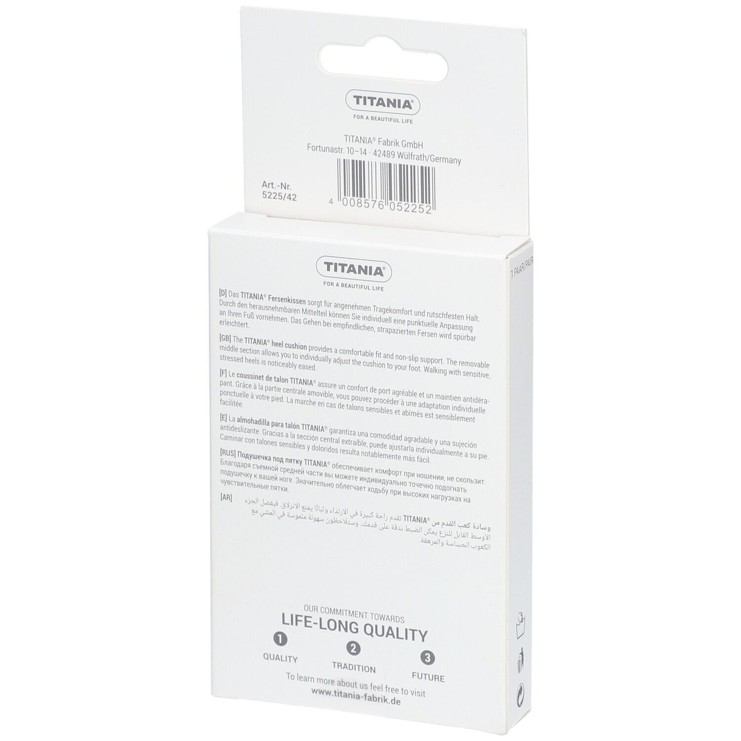 Dos de l'emballage de coussinets de talon TITANIA. Texte multilingue. Inscription : Life-Long Quality.