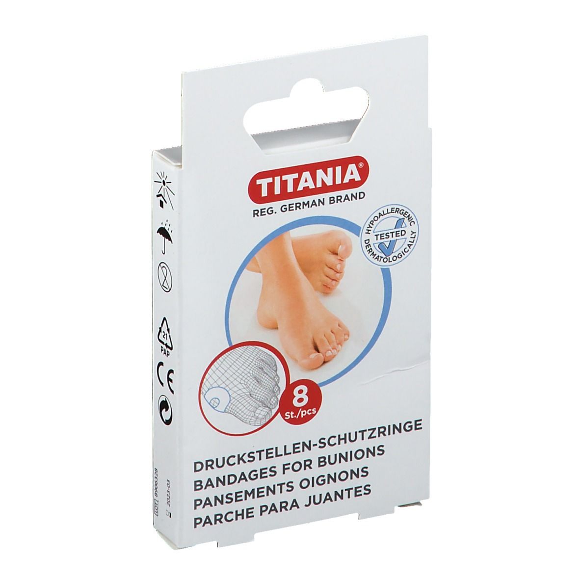 Emballage de 8 anneaux protecteurs TITANIA contre les ampoules, à base de latex, testé hypoallergénique.