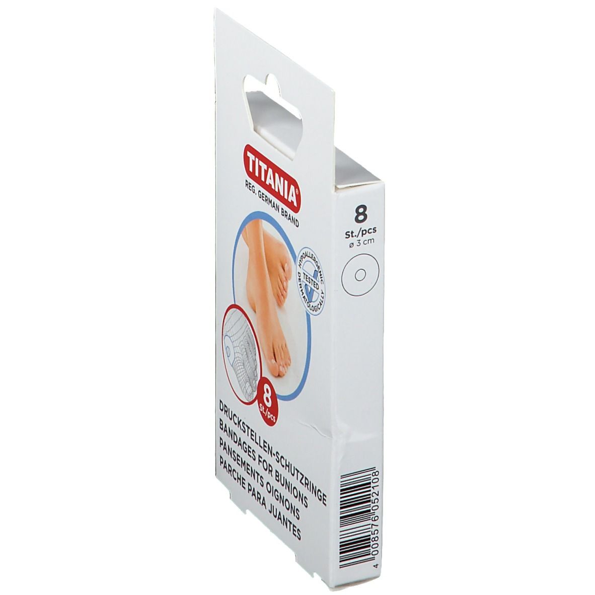 Vue latérale de l'emballage de 8 anneaux protecteurs TITANIA. Contient des instructions d'utilisation.
