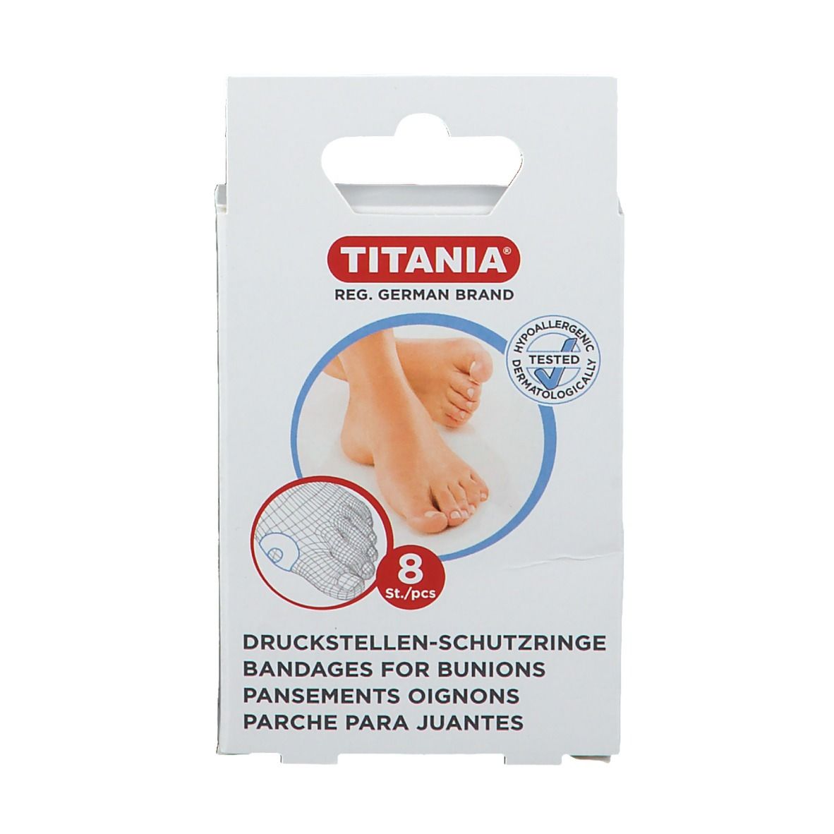 Emballage de 8 anneaux protecteurs TITANIA contre les ampoules, à base de latex, testé hypoallergénique.