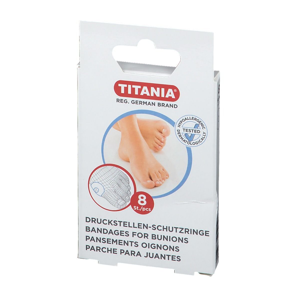 Emballage de 8 anneaux protecteurs TITANIA contre les ampoules, à base de latex, testé hypoallergénique.